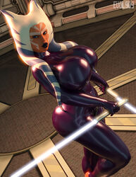 1girls 3d ahsoka_tano alien alien_girl bare_shoulders big_breasts bimbo blue_eyes bodysuit busty curvy detailed_background evolluisionist eyelashes female female_only front_view holding_object hourglass_figure huge_ass huge_breasts humanoid indoor inside jedi latex latex_suit leg_lift leg_up legwear lightsaber lipstick mammal marking naughty_face orange_skin pose posing room seductive shadow shiny shiny_skin solo standing star_wars star_wars_rebels thick_lips thick_thighs togruta voluptuous weapon wide_hips