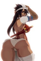 1girls amputee arm_wraps ass back_view bandage big_ass black_hair bleach breasts cameltoe clothed cowboy_shot curvy dat_ass female female_only hair_over_one_eye highres huge_ass human kukaku_shiba large_breasts leg_wraps long_hair looking_back panties partially_visible_vulva prosthetic prosthetic_arm rear_view sideboob solo source_removed sword sword_on_back thick_thighs tovio_rogers very_long_hair weapon wedgie white_background white_panties wraps