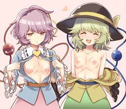 2girls blush breasts breasts_apart brown_eyes closed_eyes closed_mouth collarbone emotionless expressionless hat heart koishi_komeiji looking_at_viewer multiple_girls navel nipples no_bra open_clothes open_mouth pink_background purple_hair sagging_breasts satori_komeiji shiny shiny_hair shiny_skin short_hair simple_background small_breasts smile teeth touhou undressing upper_body upper_teeth urin