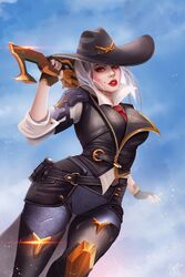 1girls 2d ashe_(overwatch) belt blizzard_entertainment blue_sky cowboy_hat day female female_only gun hat highres looking_at_viewer mole overwatch prywinko red_eyes rifle sky solo tagme tattoo weapon white_hair