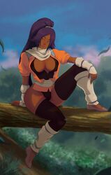 1girls arm_support black_legwear black_panties bleach breasts brown_eyes cleavage clothed curvy dark-skinned_female dark_skin female female_only footwear forest front_view full_body high_ponytail human large_breasts legwear long_hair long_ponytail on_branch outdoors panties ponytail purple_hair shihouin_yoruichi shoes sitting sky solo thick_thighs thighhighs tovio_rogers very_long_hair