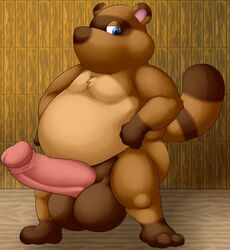 2019 animal_crossing anthro belly big_penis big_testicles blue_eyes brown_body brown_fur canid canine erection fur furry humanoid_hands male male_only mammal nintendo nude overweight overweight_male penis raccoon_dog solo tanuki testicles thevillager tom_nook