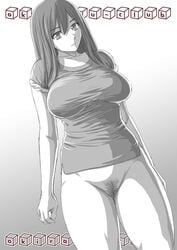 big_breasts bottomless breasts kiso_fumihiro monochrome pubic_hair pussy shirt t-shirt uncensored