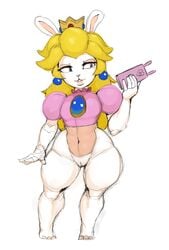 1girls animal_ears anthro blonde blonde_hair blue_eyes bottomless bunny bunny_ears cellphone clothing crop_top crossover crown curvy earrings eyelashes female female_only flat_chest flat_chested furry furry_only holding_cellphone holding_object holding_phone lips long_hair looking_to_the_side mario_(series) mario_+_rabbids mario_+_rabbids:_kingdom_battle nintendo partially_clothed phone princess_peach_(cosplay) pussy rabbid rabbid_peach rabbit rabbit_ears raving_rabbids sexually_suggestive shortstack sketch solo standing the-nsfw-diner thick_thighs ubisoft vagina video_game video_games white_background white_fur wide_hips