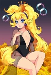 1girls blonde_hair blue_eyes breasts cleavage clothing crown dragon's_lair dress earrings eyeshadow female female_only glitter hair human jewelry long_hair looking_at_viewer makeup princess princess_daphne queenashii sitting solo thick_thighs thighs very_long_hair video_games