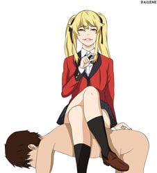 1boy 1girls black_ribbon black_stockings blazer blonde_hair brown_eyes brown_hair cfnm clothed clothed_female clothed_female_nude_male clothes dailene dark_hair domination female female_domination female_focus femdom hair human_chair humiliated humiliation kakegurui legs legs_crossed light_skin lipstick male malesub nude nude_male pinching_gesture pink_lipstick pleated_skirt ponytail ribbon ribbons saotome_meari school_uniform schoolgirl shoes sitting sitting_on_person skirt small_penis_humiliation socks stockings straight text tied tied_hair twintails uniform watermark white_background yellow_eyes