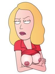 1girls arms_crossed badbrains beth_smith blonde_hair breasts eyelashes female frown light_skin lips lipstick long_hair nipples no_bra red_shirt rick_and_morty shirt_pulled_up shirt_up small_breasts white_skin