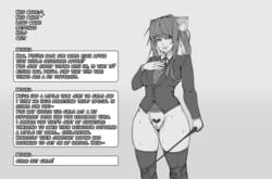 1girls bangs bedroom_eyes blazer bottomless bottomless_doki_doki_literature_club bow breasts clothing curvy dialogue doki_doki_literature_club english_text female female_only greyscale hair_bow hairbow half-closed_eyes hand_on_chest hand_on_own_chest highres imminent_sex legwear lips long_sleeves looking_at_viewer medium_breasts monika_(doki_doki_literature_club) monochrome no_panties no_underwear partially_clothed ponytail pubes pubic_hair pussy ribbon school_uniform seductive seductive_smile sexually_suggestive shirt sidelocks smile smiling solo standing stockings sweat sweatdrop sweater_vest sweating sweaty talking_to_viewer teeth text text_box the-nsfw-diner thick_thighs thighhighs tied_hair uniform vagina video_game video_games whip wide_hips