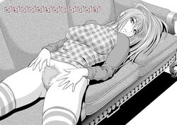 bottomless hairy_pussy kiso_fumihiro lying_down monochrome presenting pubic_hair pussy shirt thighhighs