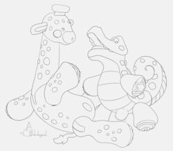 2019 absurd_res alligator alligatorid animate_inanimate black_and_white crocodilian duo giraffe giraffid hi_res line_art male male_only mammal monochrome penis reptile scalie toy unusual_penis unusual_pussy whalegourd