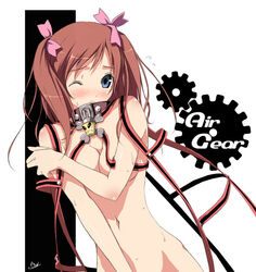 air_gear blue_eyes blush bow breast_squeeze breasts brown_hair collar hair_ribbon hentai_mask kantoku leash long_hair noyamano_ringo nude ribbon wink