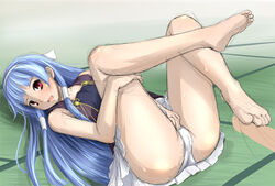 1girls bangs barefoot blue_hair blunt_bangs cameltoe clothed_masturbation clothing feet female female_only flat_chest footjob hair_tubes hairband kannagi kou_(haijindeath) kou_(pixiv27343) legs_up long_hair lying masturbation nagi on_back open_mouth panties red_eyes skirt solo sweat through_panties underwear white_panties