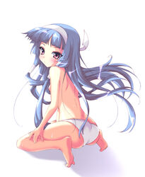 barefoot blue_hair blunt_bangs blush feet hairband hayakawa_harui kannagi kneeling long_hair nagi panties solo sweat topless underwear white_panties