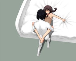 bed black_hair blush braid brown_hair grabbing_sheets legs_around_partner madotsuki pale-skinned_male pale_skin seccom_masada small_breasts straight twin_braids yume_nikki