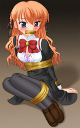 1girls blue_eyes blush bondage bound_arms bound_legs bra curly_hair female female_only gag gagged itsukushima_takako kannazuki_okuto lingerie long_hair open_clothes open_shirt orange_hair otome_wa_boku_ni_koishiteru pantyhose red_hair school_uniform serafuku shirt shoes solo tape tape_bondage tape_gag taped_legs taped_mouth taped_wrists tied_up underwear