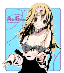 1girls air_gear areola_slip areolae black_bra blonde_hair blush bow_bra bra breasts cleavage collar embarrassed female hair_ornament hairclip kantoku lingerie long_hair nipple_slip nipples off_shoulder open_mouth plaid red_eyes smile solo sumeragi_kururu sweatdrop underwear undressing