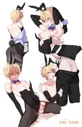 2boys ahe_gao ass bishounen blonde_hair blue_eyes crossdressing femboy highres hwansang_jungdog illusion_poison multiple_boys nipple_tweak nipples original otoko_no_ko pantyhose penis penis_awe penis_on_face playboy_bunny silver_illusion trap yaoi