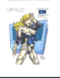 1girls 2006 black_canary blonde_hair blue_eyes chris_hanssen color colored dated dc_comics dinah_lance female female_only green_arrow_(series) jeff_moy signature solo