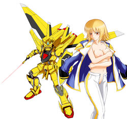 2008 akatsuki_gundam blush breasts cagalli_yula_athha energy_sword female gundam gundam_seed human mecha nipple_slip nipples oowashi_pack orange_eyes pubic_hair short_hair suzuka_sakito sword topless weapon