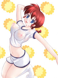 blue_eyes blush braid breasts cum erect_nipples facial female jumping large_breasts midriff minazuki_(jo) ranma-chan ranma_1/2 ranma_saotome red_hair see-through shorts single_braid socks solo wet wet_clothes