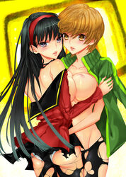 2girls amagi_yukiko ass bike_shorts black_hair bottomwear breast_press breasts brown_eyes brown_hair clothing female hairband human kaguyuzu long_hair megami_tensei multiple_girls panties pantyhose persona persona_4 purple_eyes satonaka_chie short_hair shorts sportswear symmetrical_docking torn_clothes torn_pantyhose underwear white_panties yuri