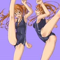 1girls air_gear brown_hair cameltoe female female_only flexible glasses high_kick kick kicking mosha noyamano_ringo one-piece_swimsuit school_swimsuit solo splits swimsuit tied_hair twintails vertical_splits