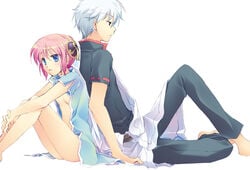 back-to-back back_to_back barefoot blue_eyes breasts flat_chest gintama gintoki_sakata hair_ornament kagura_(gintama) mitsuki_(artist) motomiya_mitsuki nipple_slip nipples no_bra no_panties open_clothes open_shirt pink_hair shirt short_hair white_hair