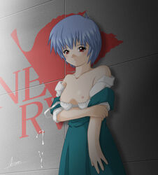 1girls blue_hair blush bra breasts clothing female gainax human neon_genesis_evangelion nerv nipples pale-skinned_female pale_skin red_eyes rei_ayanami school_uniform short_hair small_breasts tagme