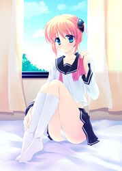 bun_cover class_3-z double_bun feet female female_only footwear gintama kagura_(gintama) kneehighs mitsuki_(artist) motomiya_mitsuki official_alternate_costume orange_hair panchira panchira_(sitting) panties pantyshot pantyshot_(sitting) pantyshot_sitting school_uniform serafuku short_hair sitting socks solo underwear white_panties