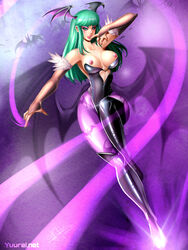 bat_print bat_wings black_legwear breasts breasts_out bridal_gauntlets capcom clothing darkstalkers eyeshadow female finger_to_mouth fur_trim green_eyes green_hair green_nails head_wings heart_cutout leotard long_hair looking_at_viewer makeup morrigan_aensland nail_polish nipples pantyhose small_breasts smile solo succubus wings yuureikun