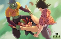 1girls 2boys breasts breasts_out cynthia_(dragon_ball) dragon_ball dragon_ball_z dubious_consent fellatio female flying flying_sex gangbang high_heels human_penetrated in_the_air male midair mmf_threesome namekian nipples oral penetration piccolo rape round_breasts saiyan sex sexgazer son_goku spitroast threesome vaginal_penetration