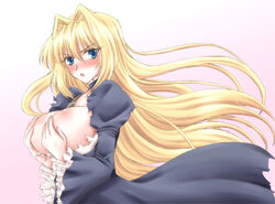 >:o 1girls angry bangs blonde_hair blue_dress blue_eyes blush body_blush breast_hold breasts breasts_out cleavage clothing covering covering_breasts dress female gradient gradient_background hair_intakes huge_breasts komiru large_breasts long_hair looking_at_viewer no_bra nose_blush puffy_sleeves sekirei solo straight_hair torn_clothes tsukiumi very_long_hair white_background