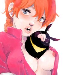 animal_between_breasts between_breasts blue_eyes braid breasts lips mwr nipple_slip nipples open_clothes open_mouth open_shirt orange_hair p-chan pig ranma-chan ranma_1/2 ranma_saotome rule_63 ryoga_hibiki shirt