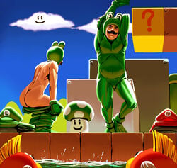 ?_block animal_costume ass cheep_cheep cloud clouds dressing fish frog_costume frog_suit luigi male_only mario mario_(series) masao mushroom nintendo realistic super_mario_bros._3 swimsuit