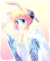 1girls blonde_hair blue_eyes blush bun_cover bunny_ears bunny_girl female female_only flat_chest gintama hair_ornament kagura_(gintama) kimono mitsuki_(artist) motomiya_mitsuki nipples no_bra open_kimono pointy_chin robe short_hair smile solo undressing wearing_others_clothes