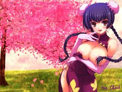 1girls areolae black_hair blush braid breast_hold breast_squeeze breasts bun_cover censored cherry_blossoms china_dress chinadress chinese_clothes cleavage convenient_censoring elbow_gloves female female_only finger_to_mouth gloves grass gundam gundam_00 hair_over_breasts huge_breasts large_breasts leaning long_hair naughty_face no_bra open_clothes outdoors panties petals side-tie_panties solo tied_hair tomose_shunsaku tree twin_braids twintails underwear undressing wallpaper wang_liu_mei yellow_eyes