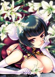 1girls bare_shoulders black_hair braid breasts brown_eyes bun_cover china_dress chinadress chinese_clothes double_bun elbow_gloves female flower gloves gundam gundam_00 hair_bun highres huge_breasts long_hair naughty_face nipples open_clothes open_shirt shirt smile solo uk-works wang_liu_mei