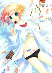 1girls bed blue_eyes buruma candy class_3-z female female_only food gintama glasses glasses_on_head gym_uniform kagura_(gintama) labcoat lollipop official_alternate_costume open_clothes orange_hair panties sakurazawa_izumi shirt_up solo underwear wearing_others_clothes