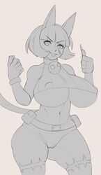 animal_humanoid belt breasts cameltoe cat_humanoid collar felid felid_humanoid feline feline_humanoid female hi_res humanoid jewelry mammal mammal_humanoid monochrome nadia_fortune navel necklace nipple_bulge noodle-lu pokies scar skullgirls solo tongue tongue_out under_boob video_games