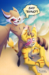 2boys artist_logo balls beach crossover dialogue gay guardians_of_the_galaxy head_grab hi_res lombax male male/male male_only mammal marvel nude penis randoramble ratchet_&_clank ratchet_(ratchet_and_clank) ratchet_and_clank rocket_raccoon sand seaside selfie smile stripes video_games water wave yaoi