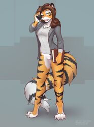 1girls 2019 alex_marx alexthecatte anthro black_stripes bottomless brown_hair chest_tuft claws clothed clothing digital_media_(artwork) eye_contact fangs feline female fur furry hair half-closed_eyes looking_at_viewer mammal multicolored_fur open_mouth orange_fur original_character pantherine phone pussy reaper3d simple_background solo striped_fur stripes text tiger tuft watermark white_fur