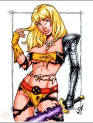 blonde_hair blue_eyes breasts curvaceous curvy female fringe_hair garrett_blair hand_in_hair large_breasts long_hair magik_(illyana_rasputin) marvel marvel_comics midriff navel savage_land smile sword thighs torn_clothes white_background x-men