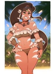 1girls abs athletic bare_legs bare_shoulders beach big_breasts bikini breasts brown_hair brown_skin cleavage clothed clothed_female female female_only green_eyes large_breasts league_of_legends long_hair looking_at_viewer midriff muscles muscular muscular_female navel nidalee pinup ponytail smile solo splashbrush standing strapless strapless_top strapless_topwear tagme tan_skin tubetop wide_hips