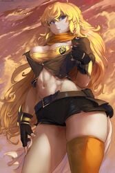 1girls abs ass belt big_breasts blonde_hair breasts busty cutesexyrobutts eye_contact female fingerless_gloves gloves half-closed_eyes high_resolution jacket large_breasts large_filesize long_hair looking_at_viewer midriff navel orange_legwear pinup purple_eyes rwby sensual short_shorts shorts signature skindentation smile standing tank_top text thick_thighs thighhighs thighs toned very_high_resolution very_long_hair watermark wide_hips yang_xiao_long