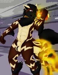 1boy alternate_color animal_genitalia anthro arcanine bioluminescence canine collar equine furry glowing holding hybrid male male_focus myrmidon nintendo original_character owens_whitcroft plushie pokemon pokemon_(species) pokemon_rgby sheath standing taur testicles text thick_thighs transformation video_games watermark