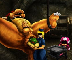 2boys 2girls abhorrent anal_birth anus balls birth bowser bowser_jr. censored cock_ring crossover dungeon female humanoid identity_censor indoors koopa lordcuckness male malesub mario_(series) metroid multiple_boys multiple_girls nintendo penis pregnant_male samus_aran scalie stomping testicles toadette video_games