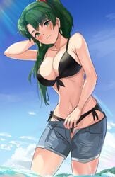 beach bikini bikini_top busty female female_only fire_emblem fire_emblem:_the_blazing_blade fit_female green_hair jean_shorts large_breasts lyn_(fire_emblem) ormille ponytail shorts solo solo_female undressing