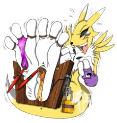 alpha_channel ambiguous_gender anthro barefoot biped black_sclera blue_eyes bondage bound brush canid canine countershading dazidentevil digimon digimon_(species) dipstick_tail facial_markings foot_fetish foot_focus fur head_markings hindpaw mammal markings multicolored_fur multicolored_tail neck_tuft paint paintbrush paws plantigrade renamon simple_background solo stocks tickle_torture tickling tickling_feet transparent_background tuft two_tone_fur two_tone_tail white_fur white_tail yellow_fur yellow_tail yin_yang