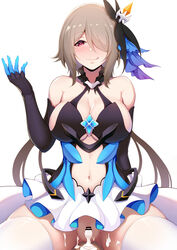 1boy bangs bar_censor black_gloves blush breasts bronya_zaychik_(herrscher_of_reason) bronya_zaychik_(herrscher_of_reason)_(cosplay) censored center_opening cleavage cowgirl_position cum cum_in_pussy cum_pool dress elbow_gloves female gloves hair_ornament hair_over_one_eye hand_up highres honkai_(series) honkai_impact_3rd jewelry kana_(ky4696) large_breasts layered_dress looking_at_viewer mole mole_under_eye navel pussy red_eyes rita_rossweisse short_hair simple_background skindentation smile solo_focus straddling straight sweat thighhighs white_background white_legwear