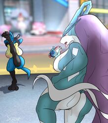 2girls anthro armpits barely_visible_genitalia barely_visible_pussy big_breasts breasts duo female hair lucario multiple_girls nintendo nipples nude outside pokemon pokemon_(species) pokken_tournament pussy reptilligator suicune tagme video_games